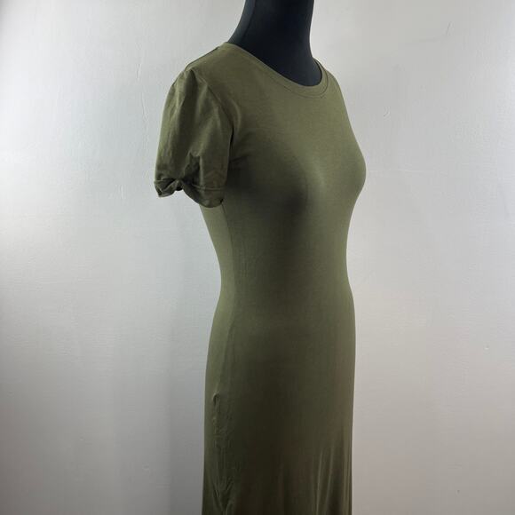 THEORY Olive Green Bodycon Dress Stretch Side Slit Crew Neck Size S P Small - Picture 3 of 10